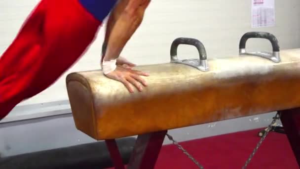 Gymnastiekwedstrijd Turnster Doet Oefeningen Een Paard — Stockvideo