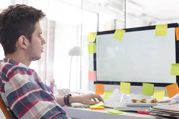 Creative Businessman Looking Computer Monitor Adhesive Notes Stuck — Stock Photo, Image