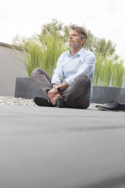 Cansado Homem Negócios Maduro Sentado Contra Plantas Terraço Escritório — Fotografia de Stock