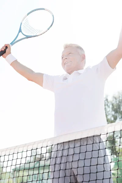 腕のテニスの明確な空を背景にネットで調達して立っている成功した男の低角度表示 — ストック写真