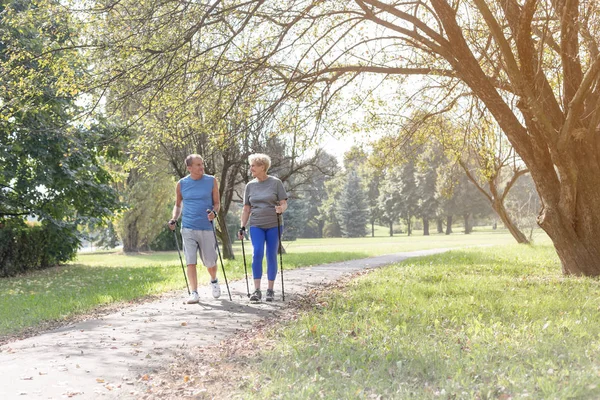 Senior Paar Met Polen Lopen Voetpad Park Wandelen — Stockfoto