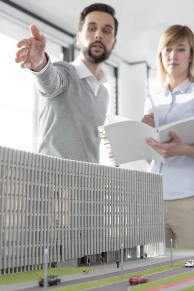 Zakenman Uitleggen Collega Terwijl Wijzend Project — Stockfoto