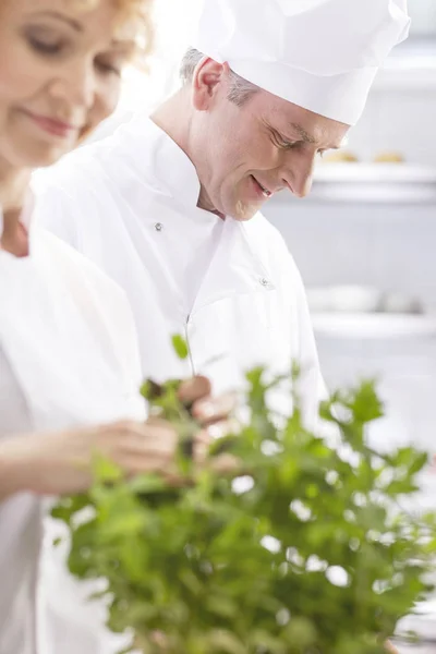 Volwassen Koks Koken Keuken Het Restaurant — Stockfoto