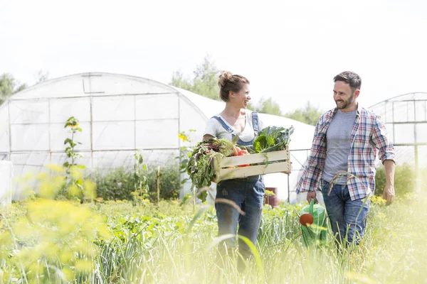 Happy Couple Talking While Holding Vegetable Crate Watering Can Farm — Stock Photo, Image