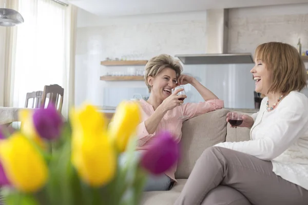 Vrolijke Volwassen Vrienden Zitten Met Drankjes Bank Thuis — Stockfoto