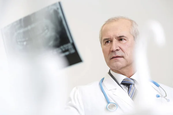 Primo Piano Del Medico Che Esamina Radiografie Dentali Presso Clinica — Foto Stock