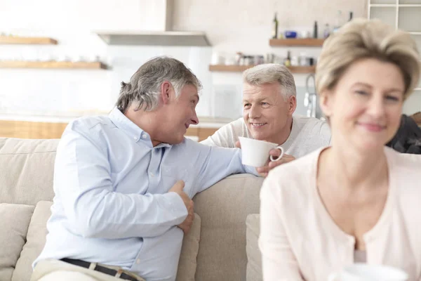 Leende Män Pratar Med Kvinna Sitter Soffan Hemma — Stockfoto