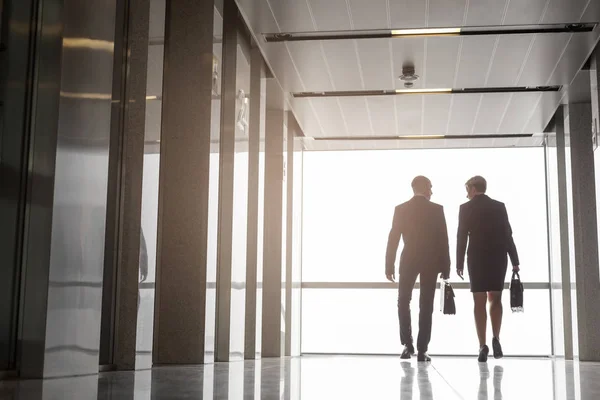 Volledige Lengte Achteraanzicht Van Volwassen Collega Praten Tijdens Het Wandelen — Stockfoto