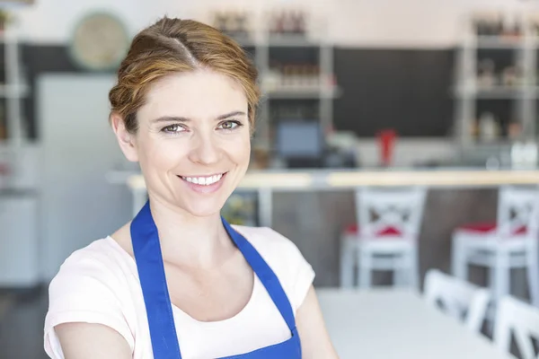 Closeup Portrait Smiling Young Waitress Standing Restaurant — Stock Photo, Image