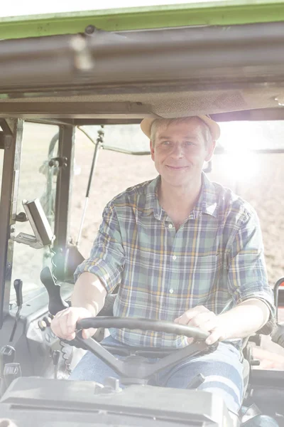 Smiling Confident Mature Farmer Driving Tractor Farm — Stock Photo, Image