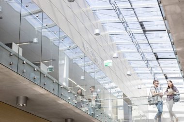 Cam zemin Üniversitesi Kampüsü üzerinde dururken konuşmaya öğrencilerin düşük açılı görünüş