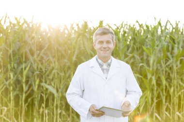 Mısır çiftliğinde dijital tablet ile gülümseyen olgun bilim adamı portresi