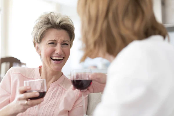 Glada Mogna Vänner Håller Drinkar Hemma — Stockfoto