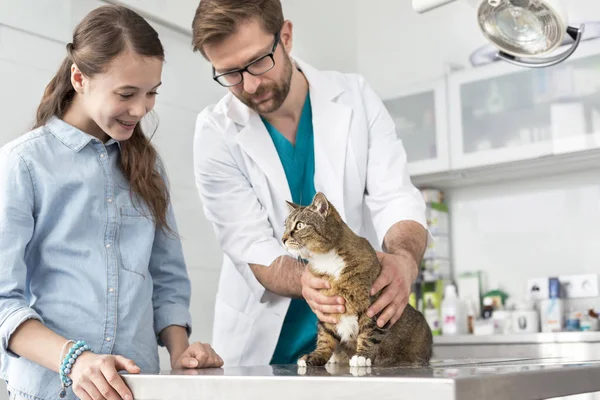 Doctor Girl Looking Cat Table Veterinary Clinic — Stock Photo, Image