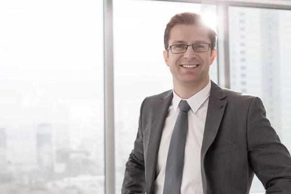 Portrait Smiling Businessman Standing Boardroom Office — Stock Photo, Image