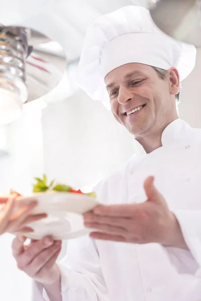 Lächelnder Koch Reicht Dem Kellner Der Küche Des Restaurants Einen — Stockfoto