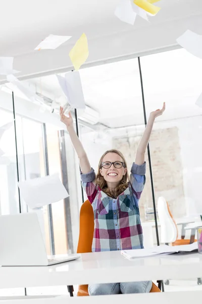 Creative Businesswoman Throwing Documents While Celebrating Victory Office — Stock Photo, Image