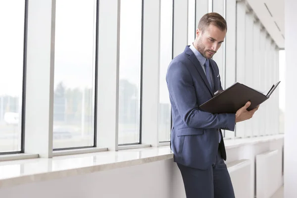 Handsome Young Businessman Reading File New Office — Stock Photo, Image