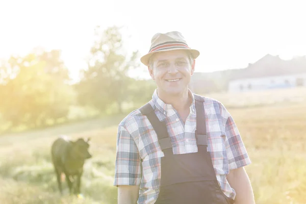 微笑的画像成熟农夫站立反对牛在农场 — 图库照片