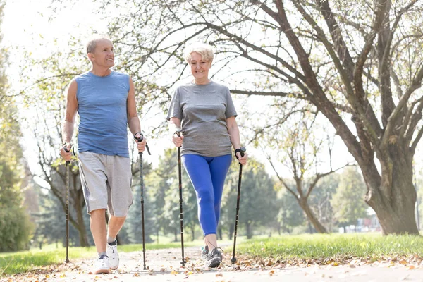 Smiling senior couple enjoying morning walk in park