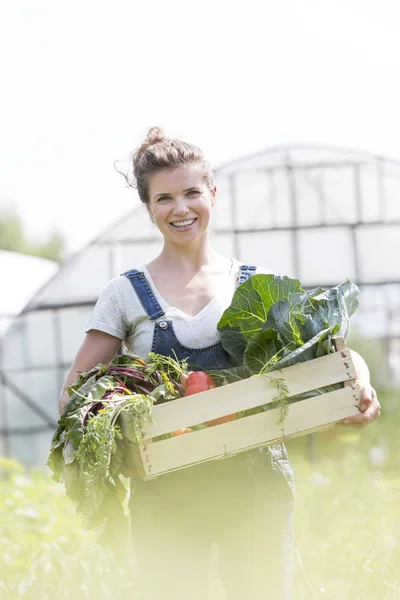 Porträt Eines Lächelnden Erwachsenen Bauern Mit Gemüsekiste Auf Dem Hof — Stockfoto