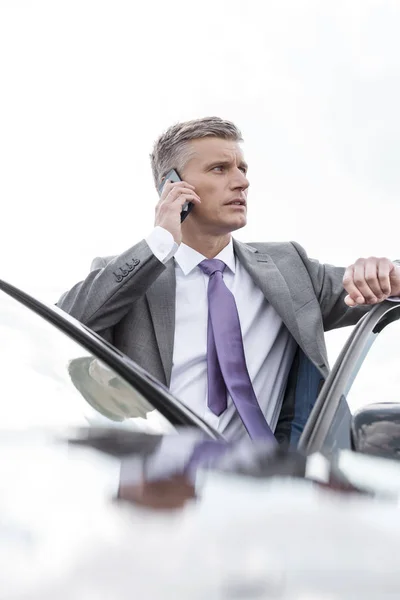 空に対して車の外に立っている間携帯電話で話しているビジネスマン — ストック写真