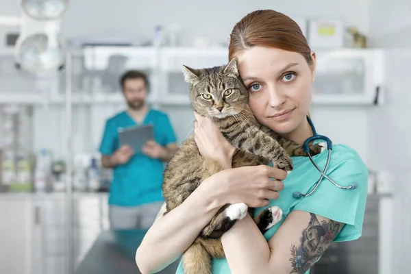 Portrait Médecin Embrassant Chat Tout Tenant Contre Collègue Clinique Vétérinaire — Photo