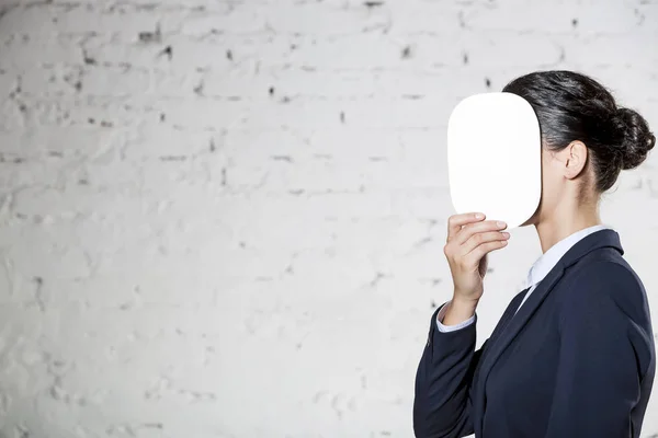 Side View Young Businesswoman Covering Face Blank Paper Office — Stock Photo, Image