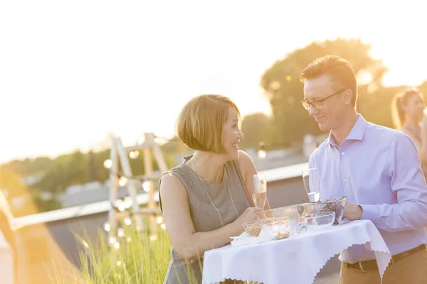 Mature Businessman Wineglass Sitting Mature Businesswoman Rooftop Party — Stock Photo, Image