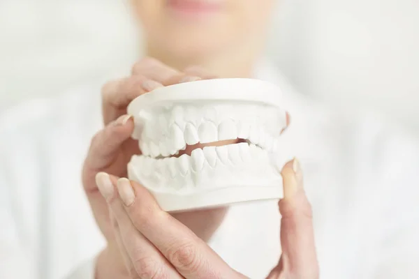 Close Dentist Holding Dentures Clinic — Stok Foto