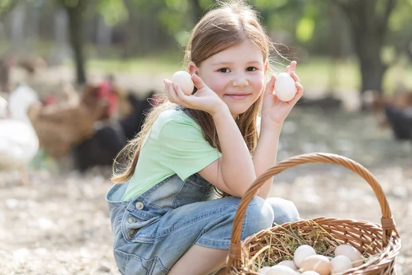 Portrait Cute Girl Holding Eggs Basket Farm — Stock Photo, Image