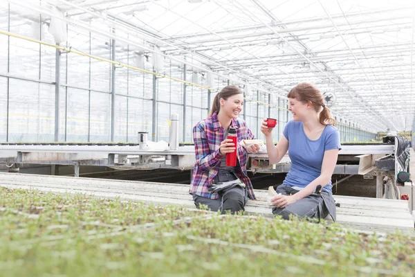 坐在温室里享受咖啡休息的女性植物学家 — 图库照片