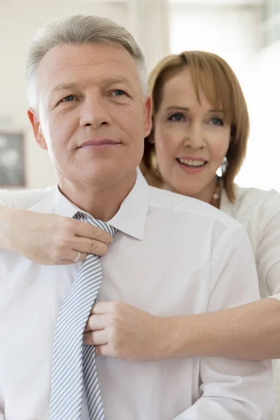 Mature woman adjusting necktie of businessman at home