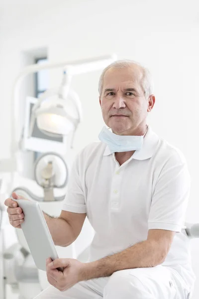 Confident Doctor Holding Digital Tablet Dental Clinic — Stock Photo, Image