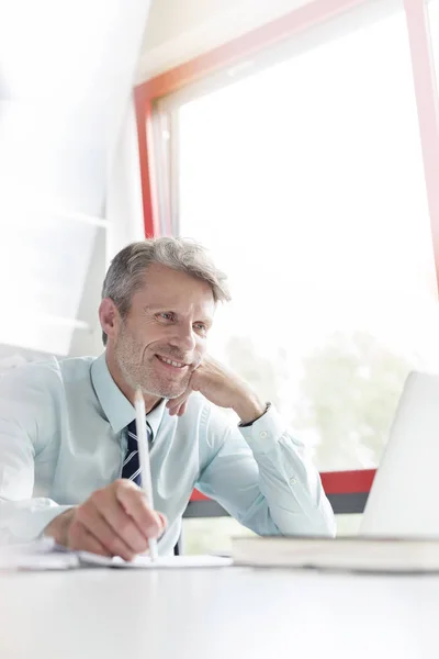 Empresário Sorridente Olhando Para Laptop Por Janela Escritório — Fotografia de Stock