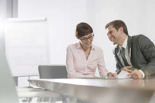 Smiling Business Colleagues Discussing While Sitting Conference Table Boardroom — Stock Photo, Image