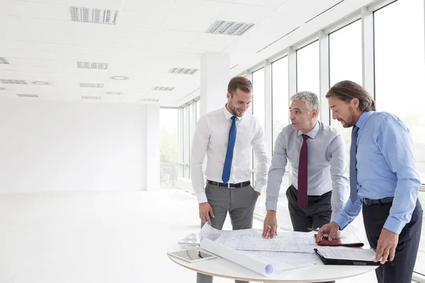 Leende Ung Affärsman Diskuterar Över Ritningar Med Mogna Kollegor Bordet — Stockfoto