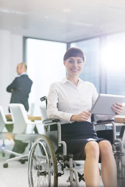 Portrait Smiling Disabled Businesswoman Sitting Digital Tablet Wheelchair Office — Stock Photo, Image