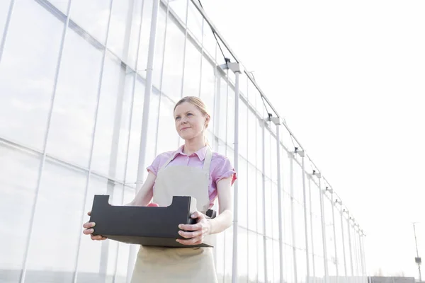 Tiefansicht Einer Frau Die Eine Kiste Außerhalb Des Gewächshauses Gegen — Stockfoto