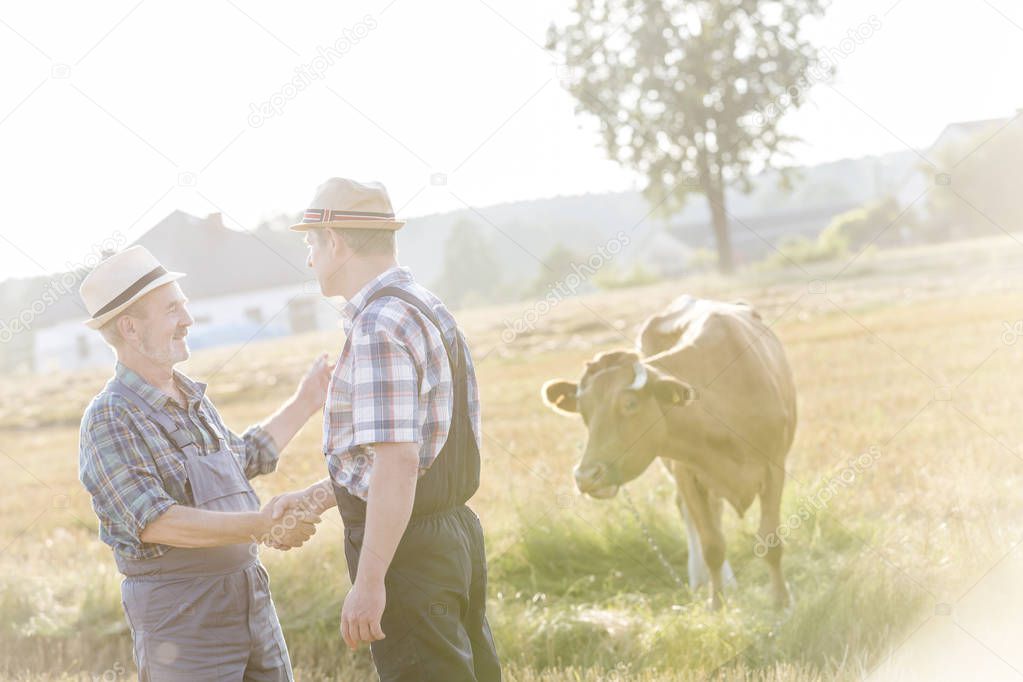 Farmers greeting and shaking hands on field