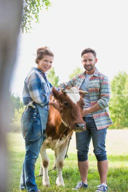Çiftlikte inekler ile ayakta gülümseyen çift