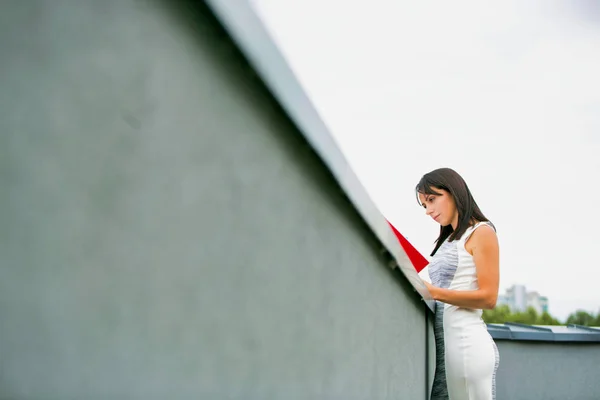 Young Attractive Businesswoman Reading Business Plan Office Rooftop — Stock Photo, Image