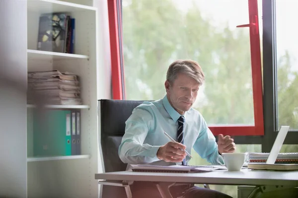 Empresário Sério Usando Laptop Fazer Papelada Mesa Escritório — Fotografia de Stock