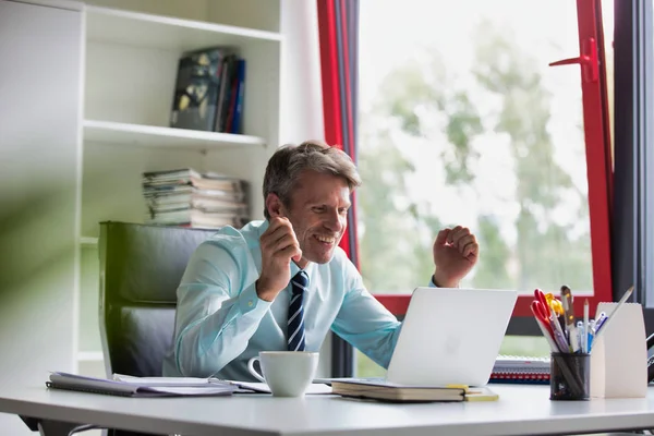 Glimlachende Zakenman Tonen Win Gebaar Terwijl Het Gebruik Van Laptop — Stockfoto