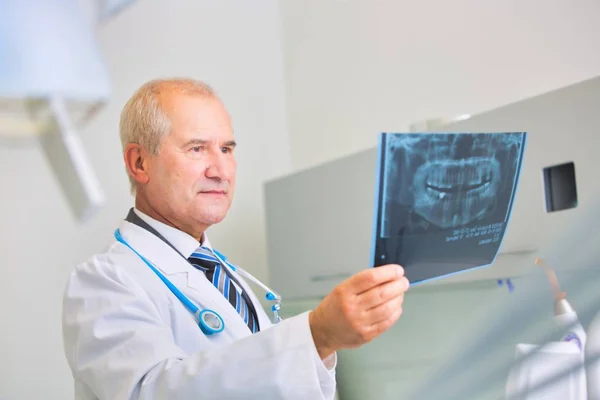 Médico senior examinando rayos X dentales en la clínica — Foto de Stock