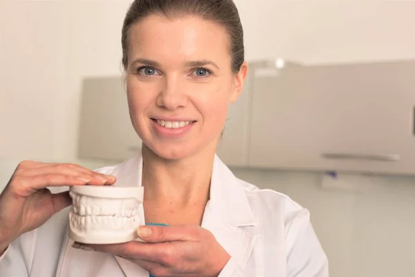 Dentista feminina com dentaduras brancas na clínica — Fotografia de Stock