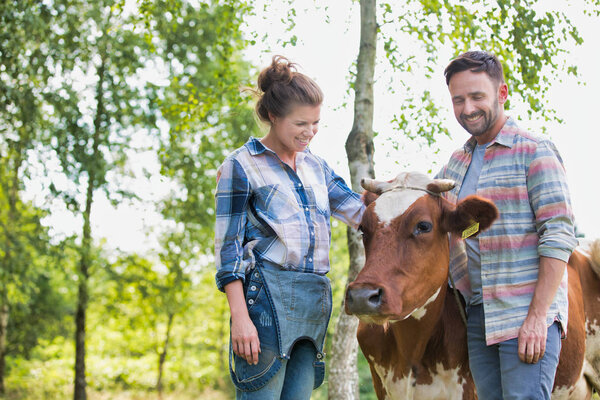 Smiling couple standing with cow at farm