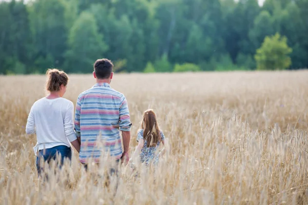 Vue Arrière Famille Marchant Milieu Des Cultures Ferme — Photo