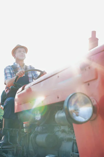 Confident Farmer Driving Tractor Farm — Stock Photo, Image