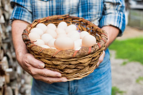 Smiling Farmer Holding Fresh Eggs Wicker Basket Farm — Stock Photo, Image